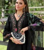Floral Embroidered V-Neck Cotton A-Line Kurta With Trousers & Dupatta