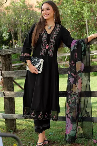 Floral Embroidered V-Neck Cotton A-Line Kurta With Trousers & Dupatta