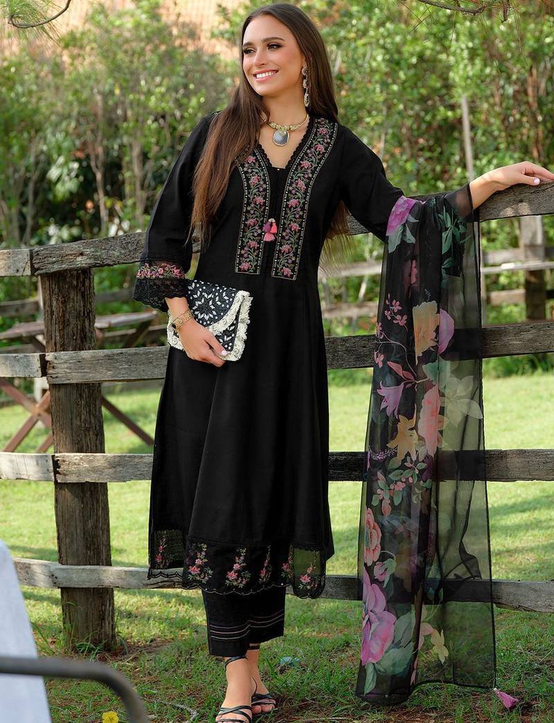 Floral Embroidered V-Neck Cotton A-Line Kurta With Trousers & Dupatta