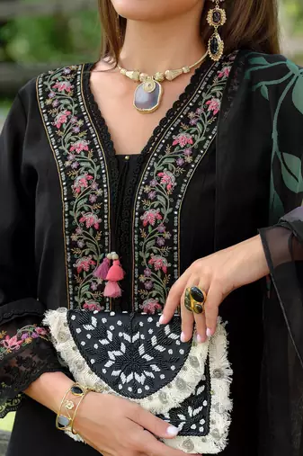 Floral Embroidered V-Neck Cotton A-Line Kurta With Trousers & Dupatta