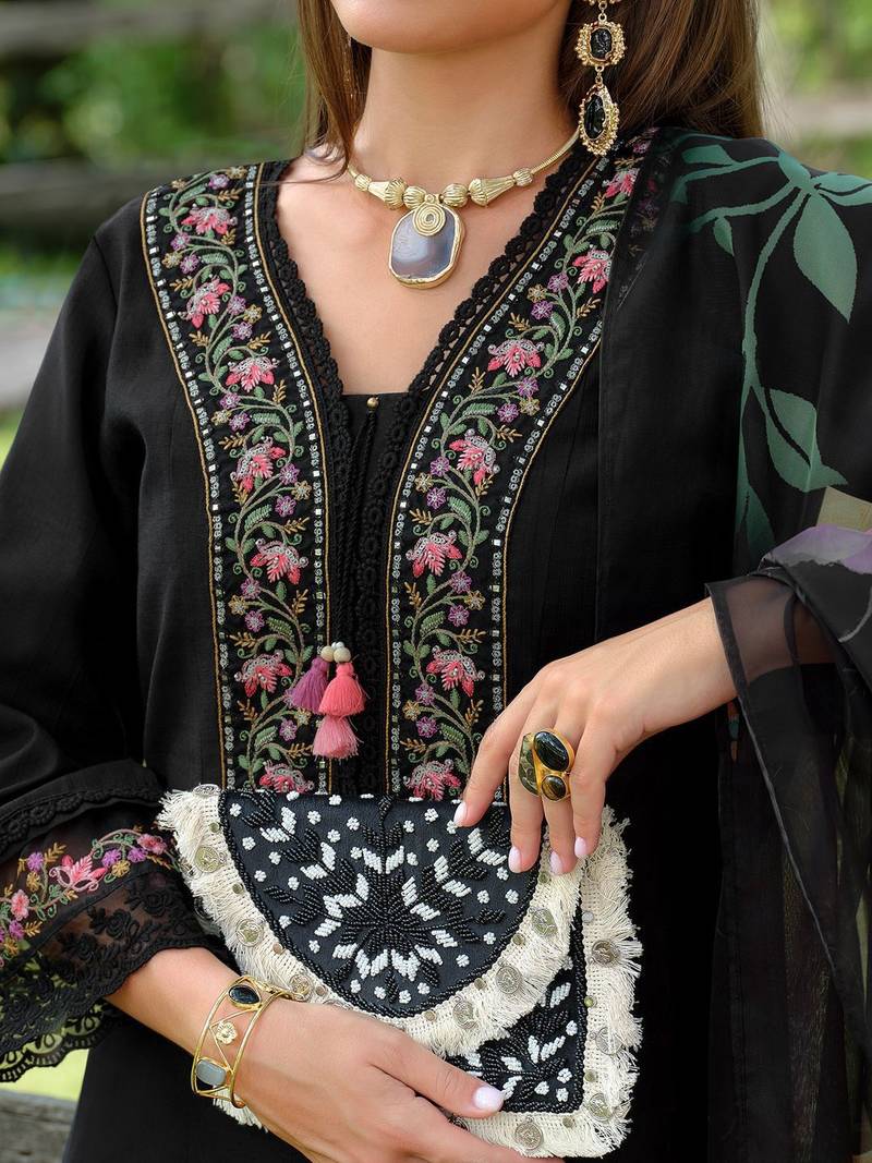 Floral Embroidered V-Neck Cotton A-Line Kurta With Trousers & Dupatta