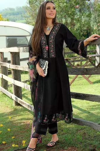 Floral Embroidered V-Neck Cotton A-Line Kurta With Trousers & Dupatta