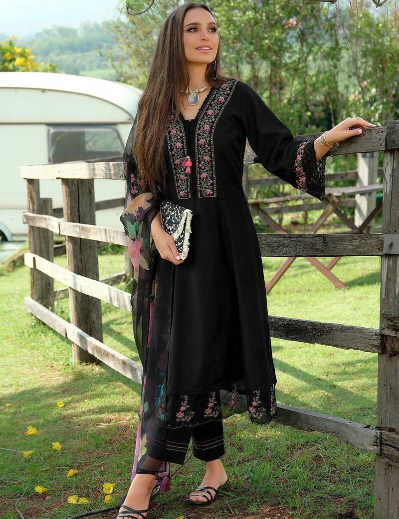 Floral Embroidered V-Neck Cotton A-Line Kurta With Trousers & Dupatta