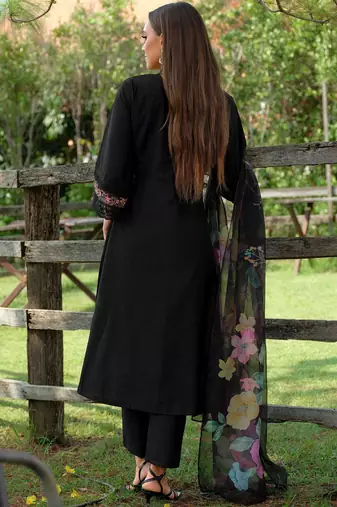 Floral Embroidered V-Neck Cotton A-Line Kurta With Trousers & Dupatta