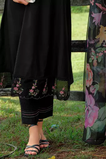 Floral Embroidered V-Neck Cotton A-Line Kurta With Trousers & Dupatta