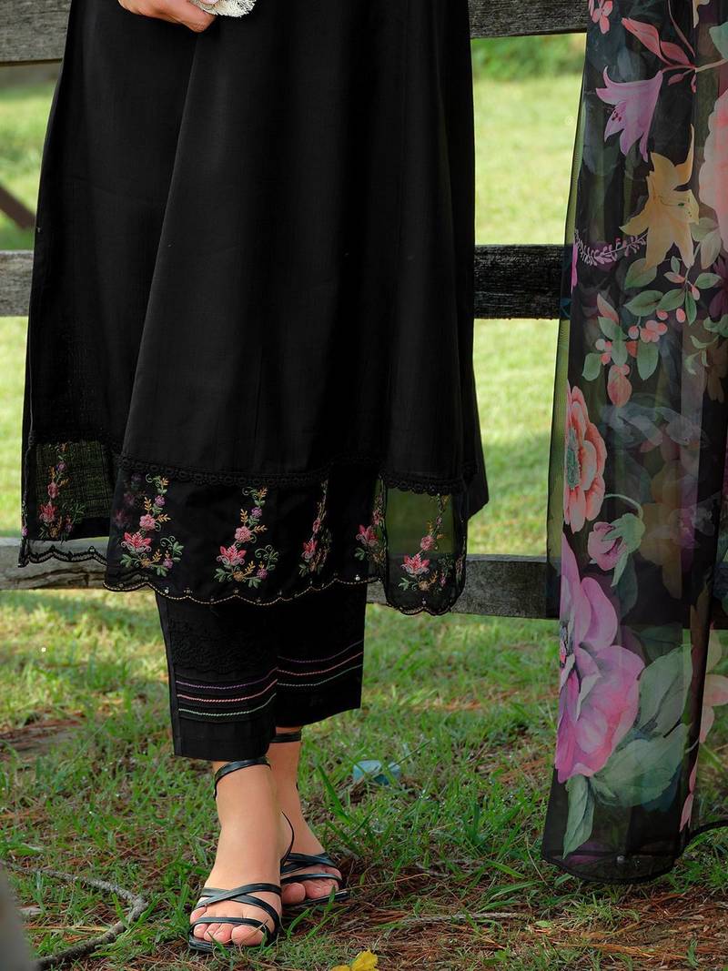 Floral Embroidered V-Neck Cotton A-Line Kurta With Trousers & Dupatta