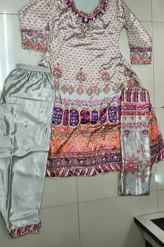 multicolor printed crepe silk kurta with straight pant & dupatta