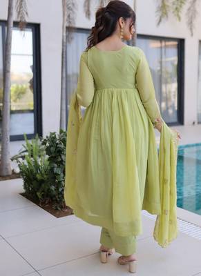 Green beads embroidery work mal chanderi anarkali set 2