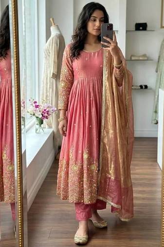 peach color embroidery sequin work satin silk blend gown set