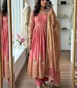 peach color embroidery sequin work satin silk blend gown set
