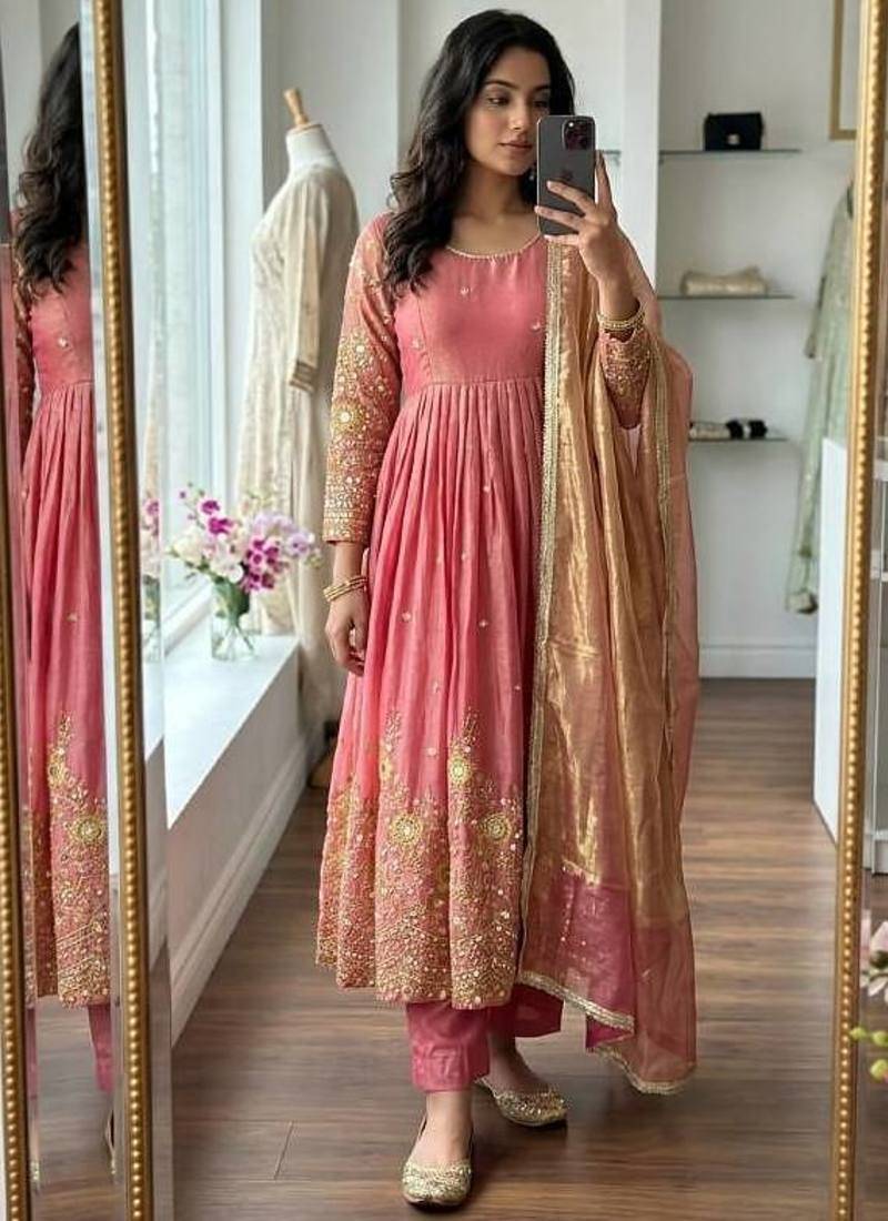 peach color embroidery sequin work satin silk blend gown set