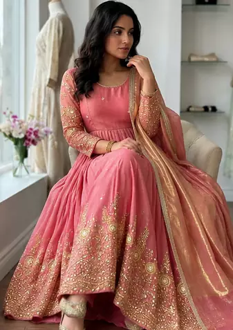 peach color embroidery sequin work satin silk blend gown set