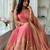 peach color embroidery sequin work satin silk blend gown set