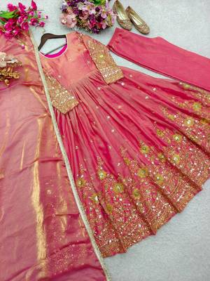 peach color embroidery sequin work satin silk blend gown set 3