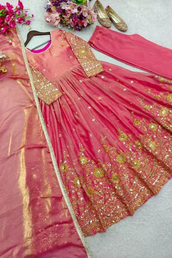 peach color embroidery sequin work satin silk blend gown set