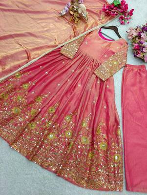 peach color embroidery sequin work satin silk blend gown set 4