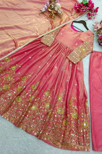 peach color embroidery sequin work satin silk blend gown set