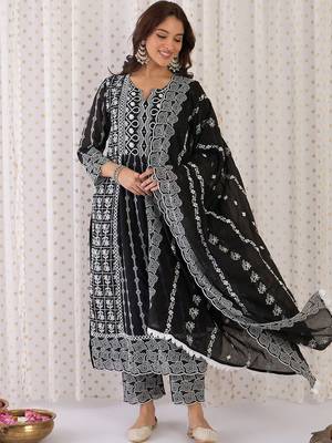 Women Ethnic Motifs Embroidered Cotton Kurta with Trousers & With Dupatta 6