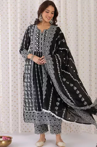Women Ethnic Motifs Embroidered Cotton Kurta with Trousers & With Dupatta