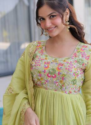 Green beads embroidery work mal chanderi anarkali set 3