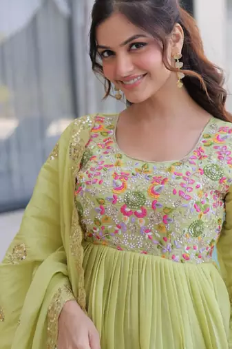 Green beads embroidery work mal chanderi anarkali set