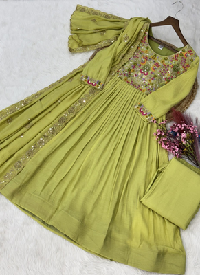Green beads embroidery work mal chanderi anarkali set 4