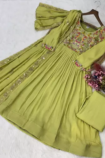Green beads embroidery work mal chanderi anarkali set