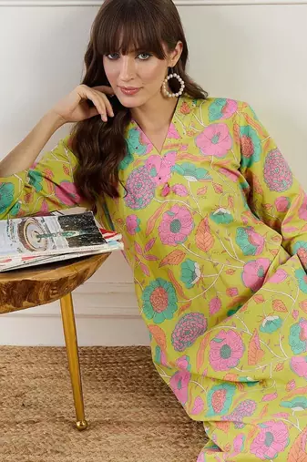 Floral Printed Straight Sequinned Cotton Kurta With Trouser