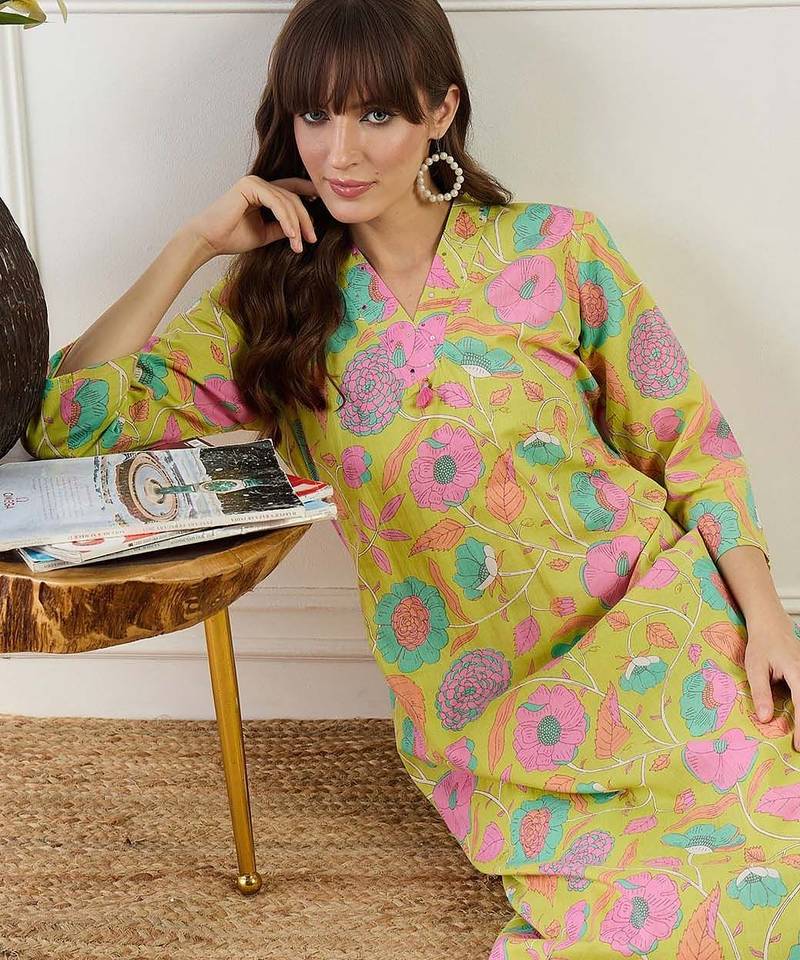 Floral Printed Straight Sequinned Cotton Kurta With Trouser