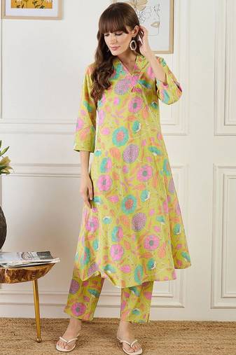 Floral Printed Straight Sequinned Cotton Kurta With Trouser