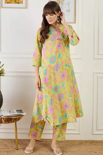 Floral Printed Straight Sequinned Cotton Kurta With Trouser