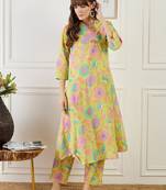 Floral Printed Straight Sequinned Cotton Kurta With Trouser