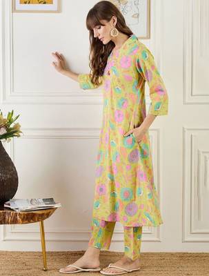 Floral Printed Straight Sequinned Cotton Kurta With Trouser 4