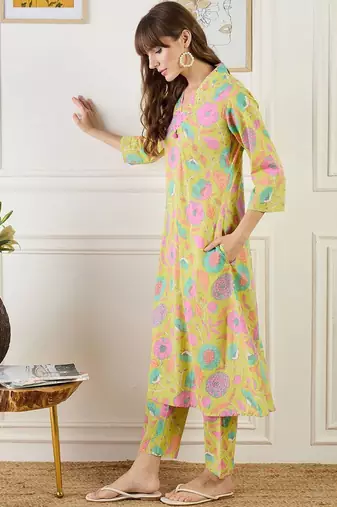 Floral Printed Straight Sequinned Cotton Kurta With Trouser
