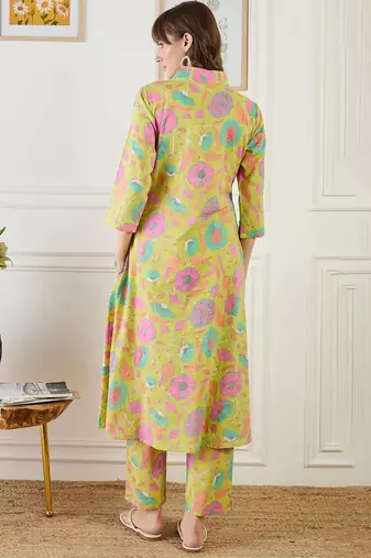 Floral Printed Straight Sequinned Cotton Kurta With Trouser