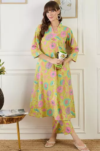Floral Printed Straight Sequinned Cotton Kurta With Trouser