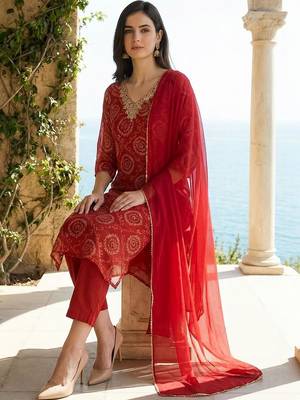 Women Ethnic Bandani Printed Thread Work Kurta with Trousers & Dupatta 5