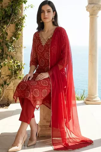 Women Ethnic Bandani Printed Thread Work Kurta with Trousers & Dupatta
