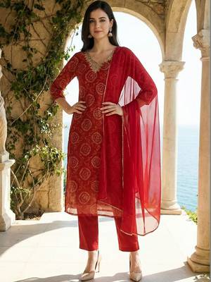 Women Ethnic Bandani Printed Thread Work Kurta with Trousers & Dupatta 6