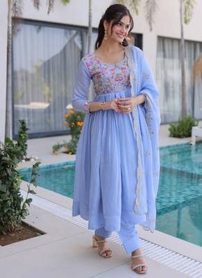 Blue beads embroidery work mal chanderi anarkali set 1