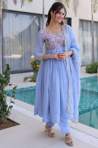 Blue beads embroidery work mal chanderi anarkali set