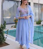 Blue beads embroidery work mal chanderi anarkali set