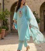 Women Floral Embroidered Sequinned Cotton Kurta with Trousers & With Dupatta