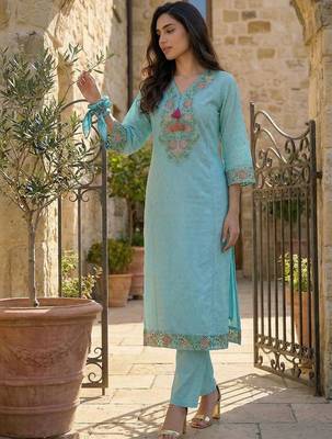 Women Floral Embroidered Sequinned Cotton Kurta with Trousers & With Dupatta 2