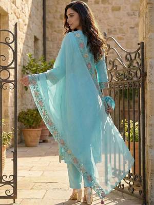 Women Floral Embroidered Sequinned Cotton Kurta with Trousers & With Dupatta 4