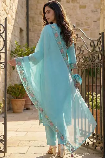 Women Floral Embroidered Sequinned Cotton Kurta with Trousers & With Dupatta