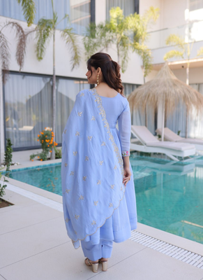 Blue beads embroidery work mal chanderi anarkali set 2