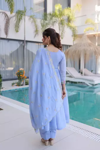 Blue beads embroidery work mal chanderi anarkali set