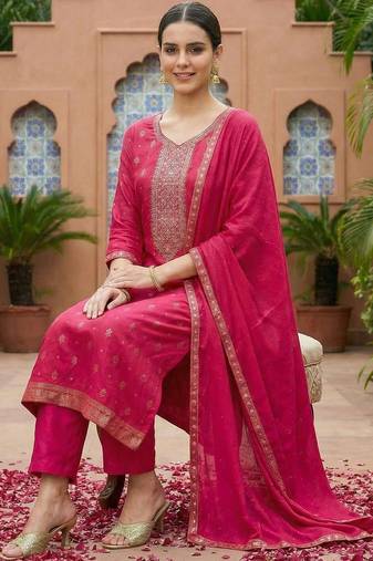 Women Ethnic Motifs Printed Thread Work Kurta with Trousers & With Dupatta