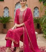 Women Ethnic Motifs Printed Thread Work Kurta with Trousers & With Dupatta